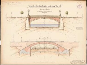 Hafen- und Kanalanlage, Berlin-Gesundbrunnen (Nordkanal) Schinkelwettbewerb 1886: Straßenbrücke. Ansicht, Schnitt 1:100