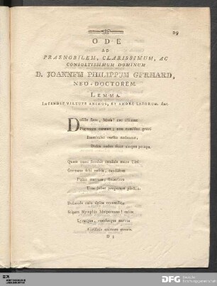 Ode ad [...] D. Johannem Philippum Gerhard, Neo-Doctorem.
