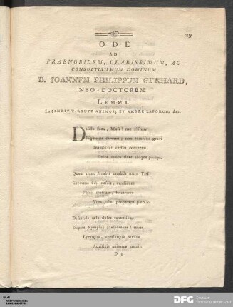 Ode ad [...] D. Johannem Philippum Gerhard, Neo-Doctorem.