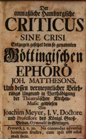 Der anmaßliche Hamburgische Criticus sine Crisi