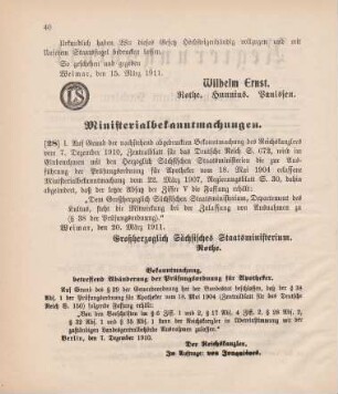 Nr. 28: Ministerialbekanntmachung, betreffend Abänderung der Prüfungsordnung für Apotheker
