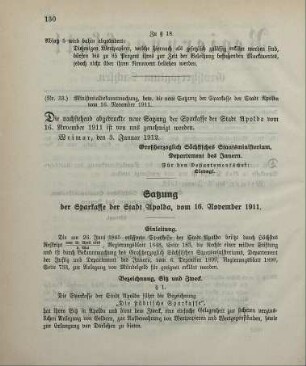 Nr. 33: Ministerialbekanntmachung, betreffend die neue Satzung der Sparkasse Apolda vom 16. November 1911