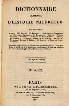 Dictionnaire classique d'histoire naturelle, 4. Chi - Coz