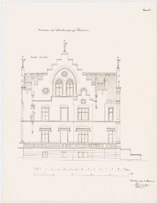 Herrenhaus, Kottulin Umbau: Druck einer Variante von Inv.Nr. 11406: Aufriss Giebelansicht, 2 Maßstabsleisten (Meter, Fuß)