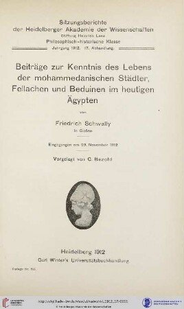 1912, 17. Abhandlung: Sitzungsberichte der Heidelberger Akademie der Wissenschaften, Philosophisch-Historische Klasse: Beiträge zur Kenntnis des Lebens der mohammedanischen Städter, Fellachen und Beduinen im heutigen Ägypten