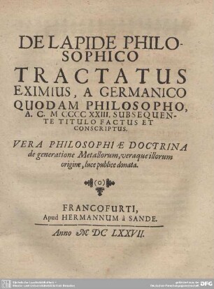 De Lapide Philosophico Tractatus Eximus, a germanico quodam Philosopho: