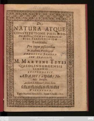 De Natura Atque Constitutione Philosophiae Practicae Et Generalis Eius Partis Et Hicae Exercitatio