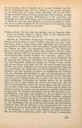 235-236 [Rezension] Bender, Wolfgang, Die Lehre über den heiligen Geist bei Tertullian