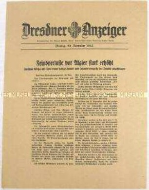 Nachrichtenblatt "Dresdner Anzeiger" mit Meldungen des Oberkommandos der Wehrmacht u.a. zum Kriegsgeschehen in Nordafrika und an der Ostfront