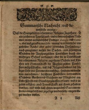 Summarische Nachricht und beweißliche anzeige, Daß die Evangelischen Reformirter Religion Zugethane ... Niemal in ordentlicher angestellter Reichs- oder andern ziemlichen Versammlung ... verdampt ...