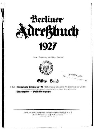 Berliner Adreßbuch 1927 Erster Band