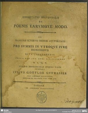 Dissertatio Inauguralis De Poenis Earumque Modo : ... Pridie Non. Aug. Anni MDCCLXXXV