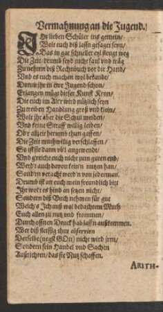 Vermahnung an die Jugend.