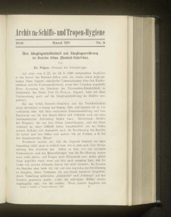Über Säuglingssterblichkeit und Säuglingsernährung im Bezirke Kilwa (Deutsch-Ostafrika)