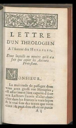Lettre d'un Theologien A l'Auteur de Hexaples