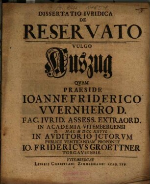 Dissertatio Iuridica De Reservato Vulgo Auszug