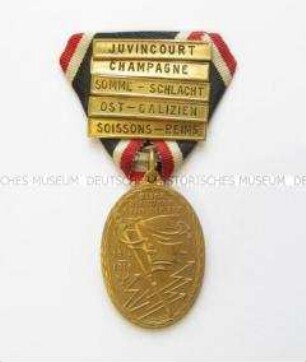 Kriegsdenkmünze des Deutschen Reichskriegerbundes Kyffhäuser mit Bandspangen "JUVINCOURT", "CHAMPGNE", "SOMME-SCHLACHT", "OST-GALIZIEN", "SOISSONS-REIMS"