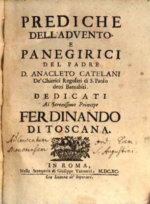 Prediche Dell'Advento : E Panegirici