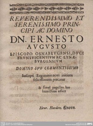 REVERENDISSIMO ET SERENISSIMO PRINCIPI AC DOMINI DN. ERNEST AVGUSTO