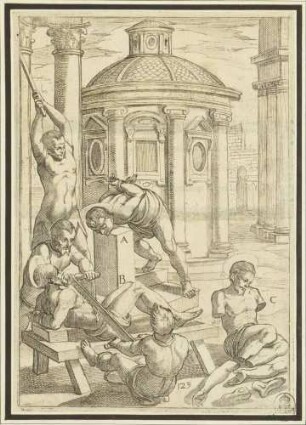 Zersägen, Verstümmeln und Schlagen mit einer Stange (Illustration 123 der Serie der Martyrien der frühen Christen)