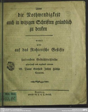 Über die Nothwendigkeit auch in witzigen Schriften gründlich zu denken