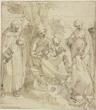 Madonna unter einem Baum zwischen zwei Heiligen, eine kniende Nonne hält dem Jesuskind ein Herz entgegen (Sacra conversazione)