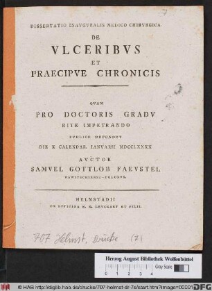 Dissertatio Inavgvralis Medico Chirvrgica De Vlceribvs Et Praecipve Chronicis