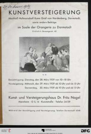 Kunstversteigerung Nachlaß Hofmarschall Kuno Graf von Hardenberg, Darmstadt, sowie andere Beiträge : Versteigerung: 29., 30. März 1939