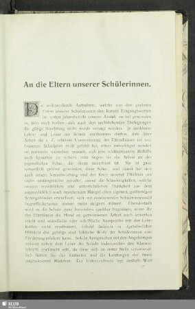 An die Eltern der Schülerinnen