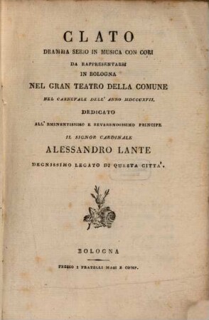 Clato : Dramma serio in musica con cori
