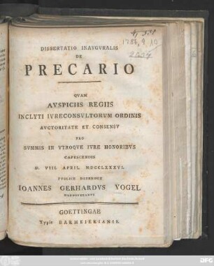 Dissertatio Inavgvralis De Precario