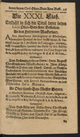 Die XXXI. Claß. Enthält in sich die Titul derer beym Civil-Ober-Bau-Amt Bestalten