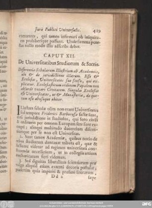 Caput XII. De Universitatibus Studiorum & Sacris.