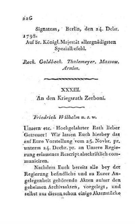 XXXIII. An den Kriegsrath Zerboni