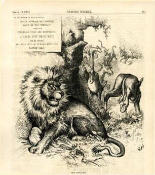 Kick with care : ein Löwe, der Präsident Grant darstellt, liegt mit einer verbundenen Pfote im Gras. Mehrere Esel treten nach ihm. [In der Zeichnung befindet sich ein Textblock]