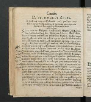Cautio D. Sigismundi Regis, in persona Joannis Balinski, quod posthac nonnisi Terrarum Prussiae indigena ...