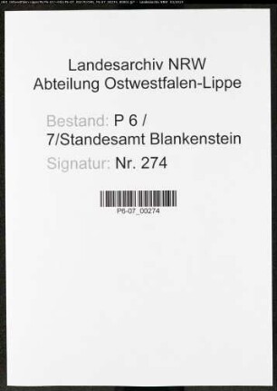 Sterberegister Standesamt Blankenstein/Ruhr