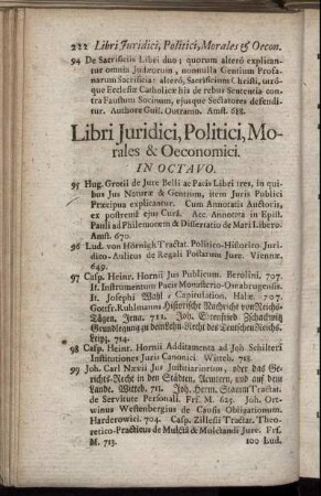 Libri Juridici, Politici, Morales & Oeconomici. In Octavo.