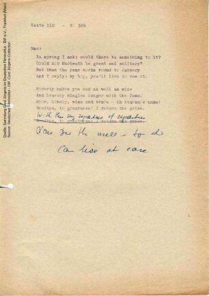 Englischer Liedertext (Auszug), mit handschriftlichen Korrekturen von Curd Jürgens
