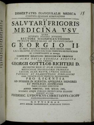 Dissertatio Inavgvralis Medica Cogitata Qvaedam Complectens De Salvtari Frigoris In Medicina Vsv