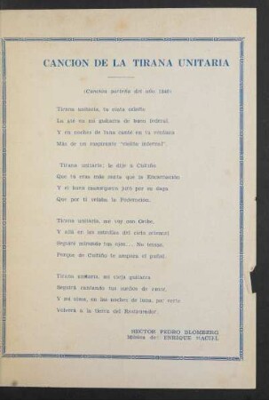 Canción de la tirana unitaria : (Canción porteña del año 1840)