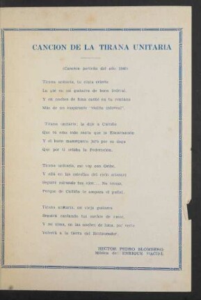 Canción de la tirana unitaria : (Canción porteña del año 1840)