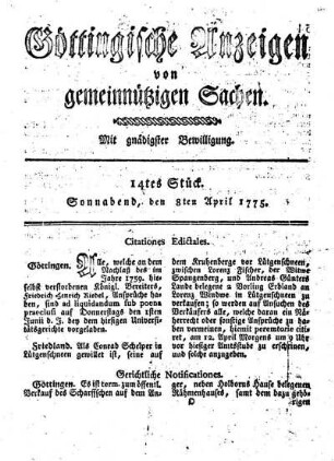 14tes Stück. Sonnabend, den 8ten April 1775.