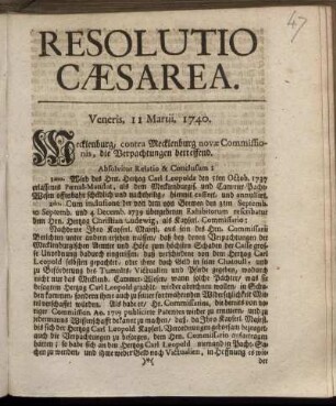 Resolutio Cæsarea : Veneris, 11 Martii, 1740