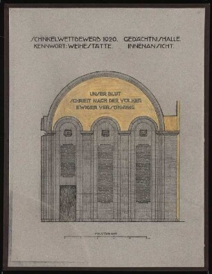 Gedächtniskirche mit Gedenkhalle Schinkelwettbewerb 1920: Innenansicht der Gedenkhalle (Ostwand) 1:25