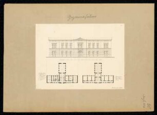 Gymnasium Monatskonkurrenz Dezember 1838: Grundriss Erdgeschoss, Obergeschoss, Aufriss Straßenansicht; 2 Maßstabsleisten