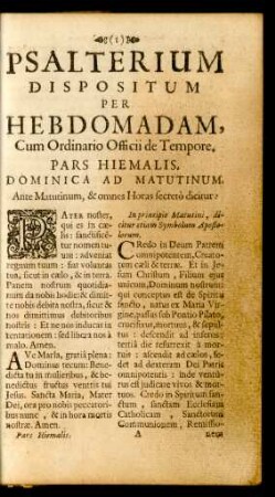 Psalterium Dispositum Per Hebdomadam, Cum Ordinario Officii de Tempore