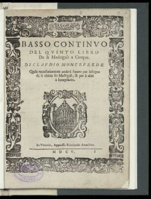 Claudio Monteverdi: Il quinto libro de madrigali a cinque voci. Basso continuo