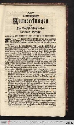 Ad IV. Ohnmaßgebliche Anmerckungen ueber den Bischoeffl. Muensterischen Paritions - Bericht
