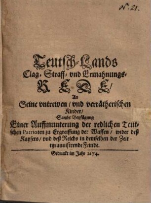 Teutsch-Lands Clag- Straff- und Ermahnungs-Rede, An Seine untrewen ... Kinder ...